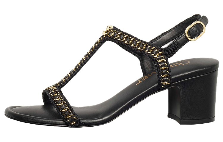 (W) Chanel Embroidered Lambskin High Heel Sandals 'Black'