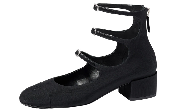 (W) Chanel Fabric Buckle Chunky Heel 'Black'