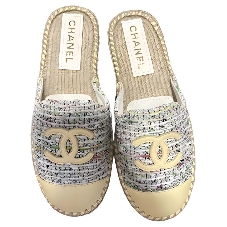 (W) Chanel Fabric Flat Espadrille Mules 'White'