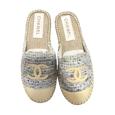 (W) Chanel Fabric Flat Espadrille Mules 'White'