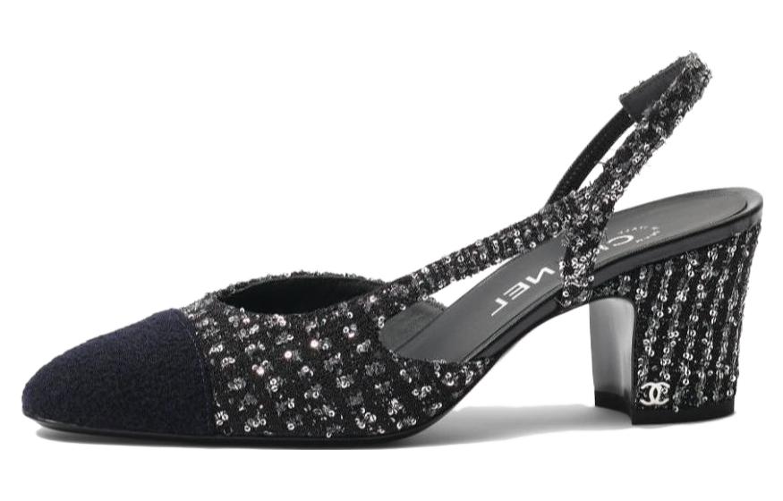 (W) Chanel Fabric High Heels 'Glitter Block Heel' 6.5cm Black Silver Blue