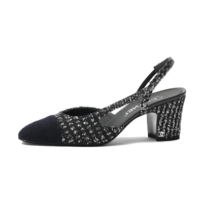 (W) Chanel Fabric High Heels 'Glitter Block Heel' 6.5cm Black Silver Blue