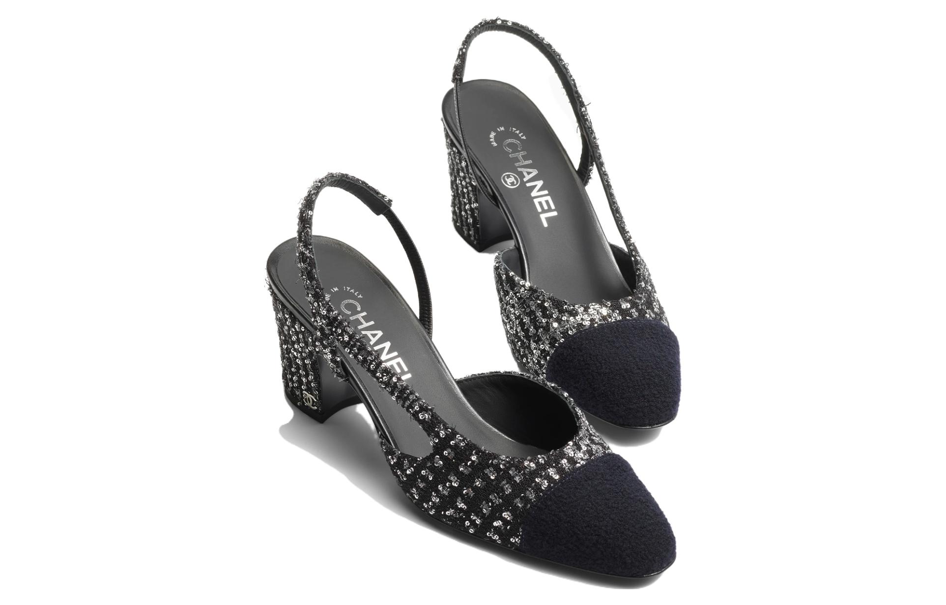 (W) Chanel Fabric High Heels 'Glitter Block Heel' 6.5cm Black Silver Blue 圖 2