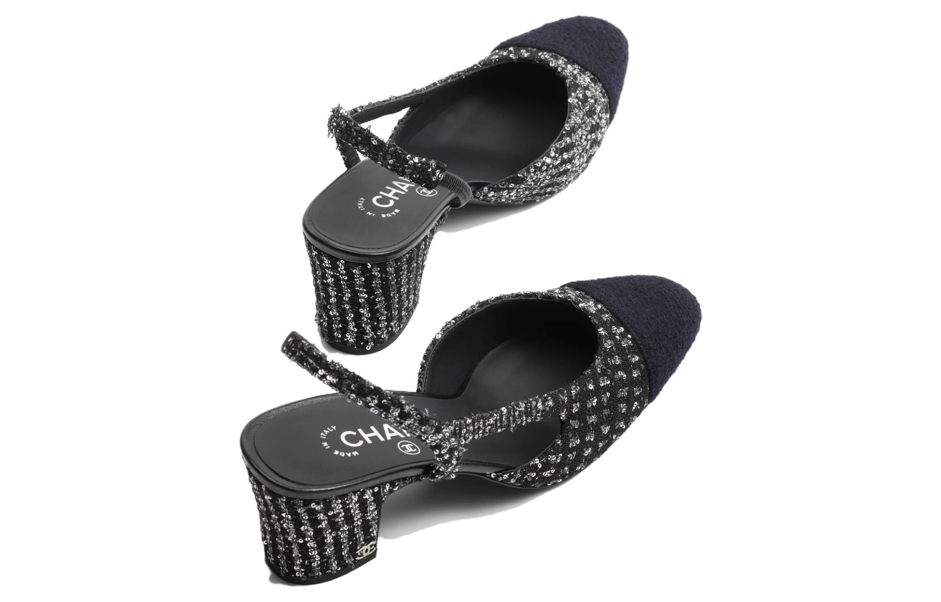 (W) Chanel Fabric High Heels 'Glitter Block Heel' 6.5cm Black Silver Blue 圖 3