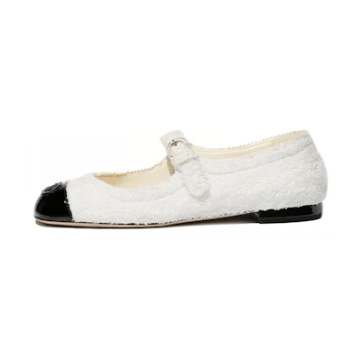 (W) Chanel Flat Lambskin & Patent Calfskin Ballet Shoes 'White'