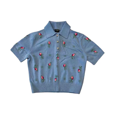 (Women) CHANEL FW22 Blue Jacquard Knit Short Sleeve Polo Shirt. P73882-K10582-NK770