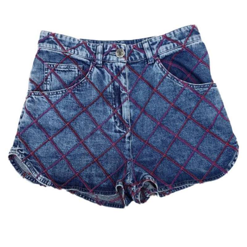 (Women) CHANEL FW22  Blue Plaid Straight-Leg Denim Shorts P71318-V63952-NG883