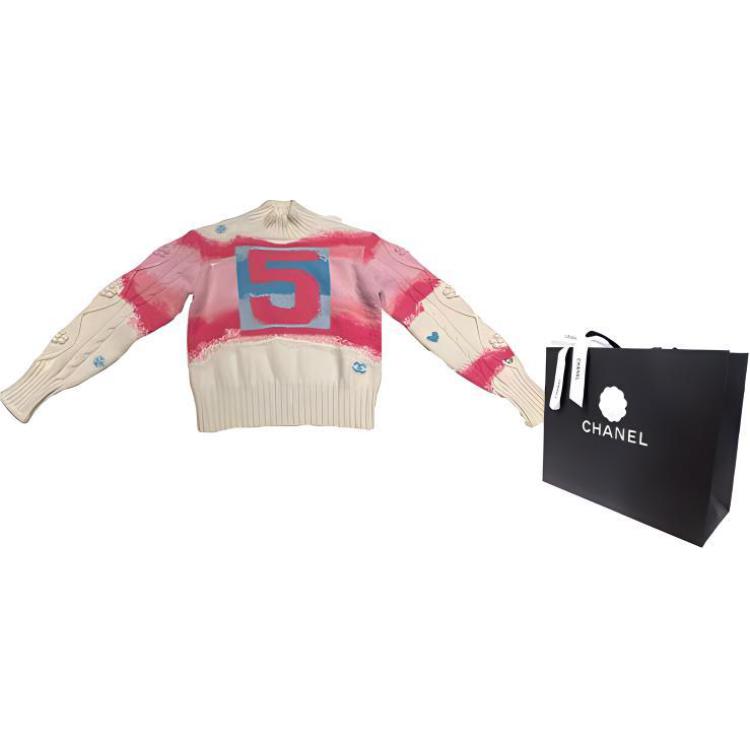 Shop (W) シャネル FW22 カシミア タートルネック ロゴストライプジャカード ピンク/ホワイト P73247-K10553-NK105