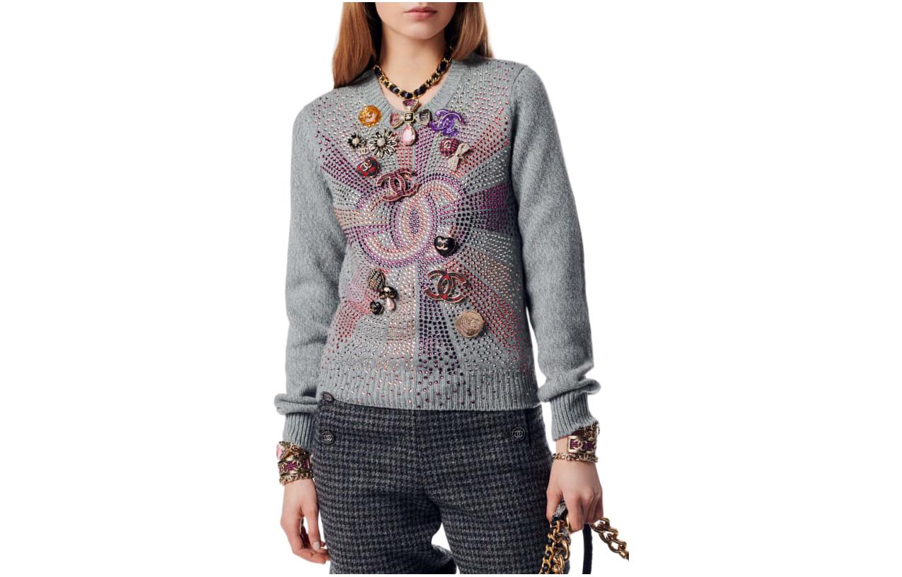 Order (W) CHANEL FW22 Sweater Rajut Abu-Abu Dihiasi Batu Rhinestone. P73896-K10578-NK988