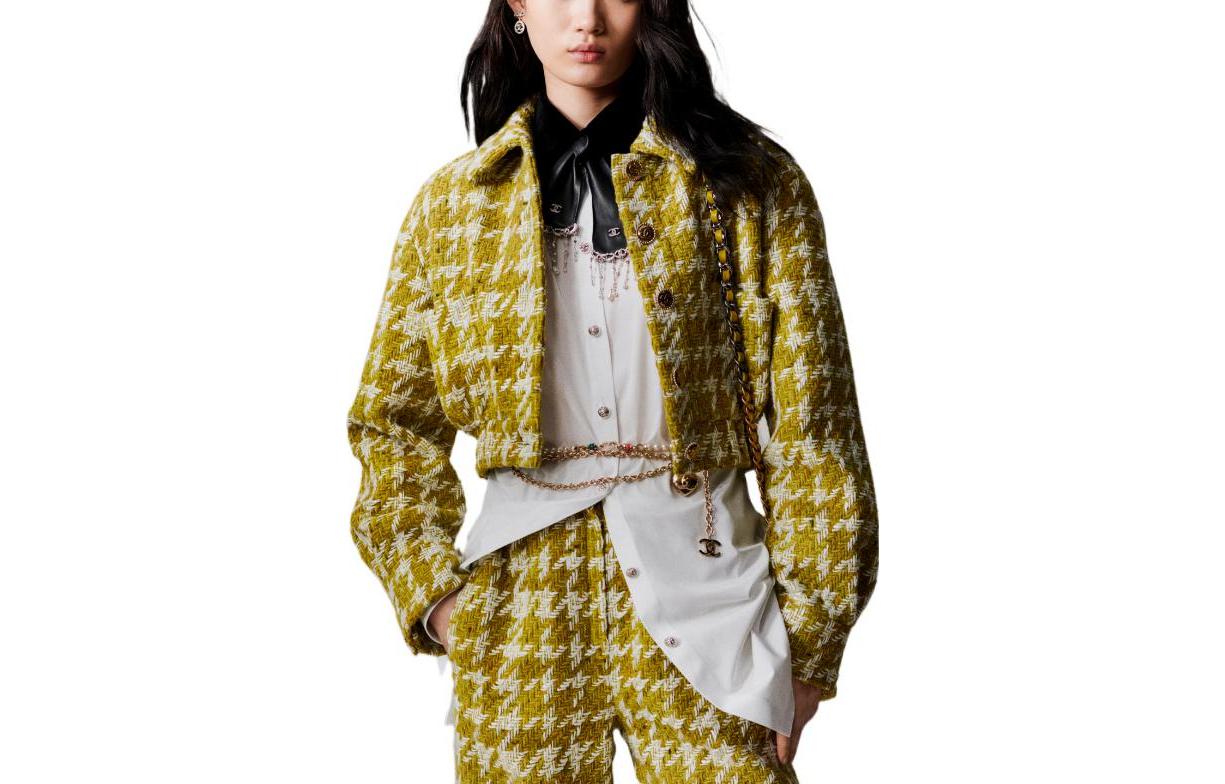 Order (W) CHANEL FW22 Jaket Kot Pendek Kuning Corak Plaid. P73354-V64856-NJ544