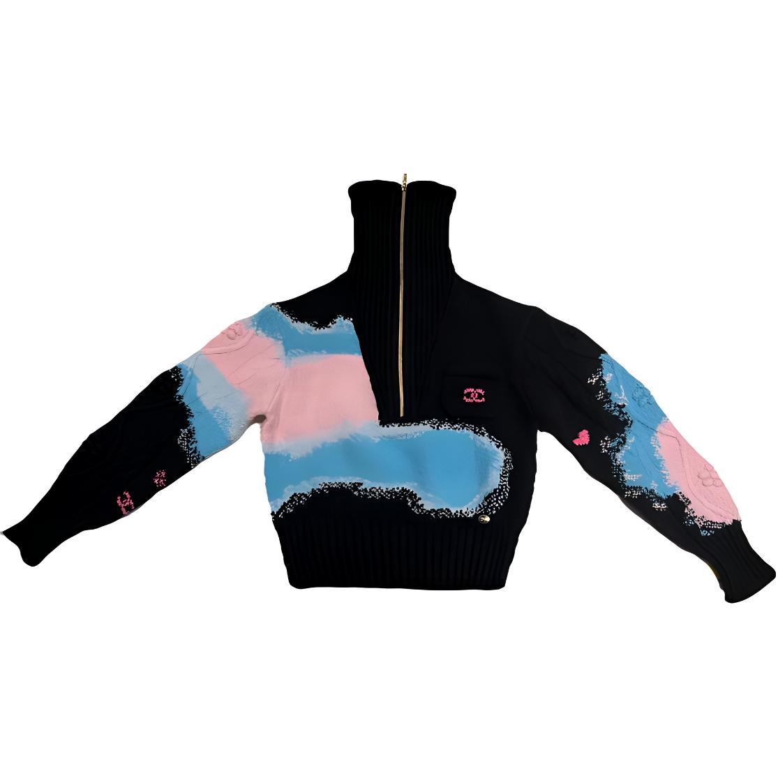 (Women) CHANEL FW22 Gradient Logo Embroidered High-Neck Cashmere Sweater Women Black 22NP73-226K10-553NK-245