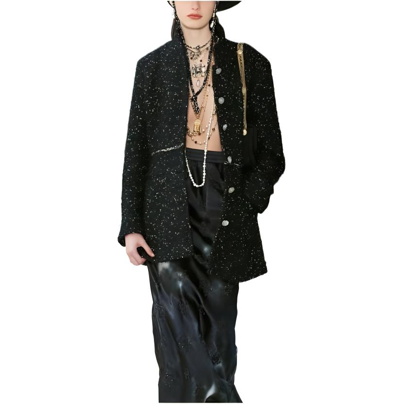 (Women) CHANEL FW22 Tweed Button Long Coat  Black P73115-V60432-N7462