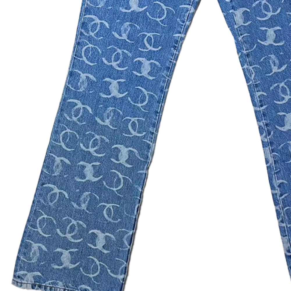 Purchase (W) シャネル FW23 23B プリント ミッドライズ フレア デニム ジーンズ レディース ライトブルー P74545-V67154-NQ358