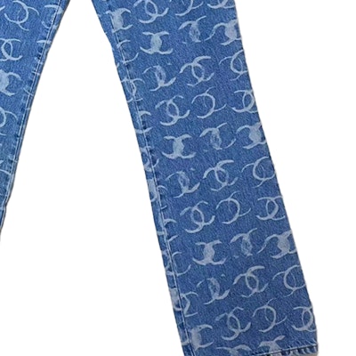 (Women) CHANEL FW23 23B Printed Mid-Rise Flared Denim Jeans Women Light Blue P74545-V67154-NQ358 Details for (Women) CHANEL FW23 23B Printed Mid-Rise Flared Denim Jeans Women Light Blue P74545-V67154-NQ358