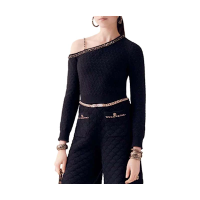 (Women) CHANEL FW23 Black Logo Print One-Shoulder Knit Top. P75683-K10893-94305
