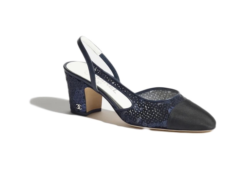 (Women) Chanel Glitter Muslin 65mm Slingbacks Navy Grosgrain G31318-Y56342-K5346