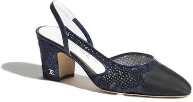 (Women) Chanel Glitter Muslin 65mm Slingbacks Navy Grosgrain G31318-Y56342-K5346 (Women) Chanel Glitter Muslin 65mm Slingbacks Navy Grosgrain G31318-Y56342-K5346