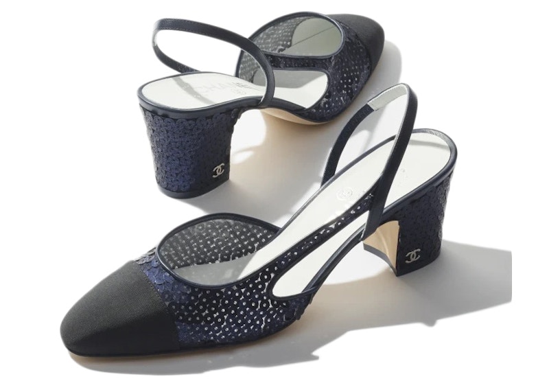 Order (W) Chanel Slingbacks Navy Glitter Muslin 65mm Grosgrain G31318-Y56342-K5346