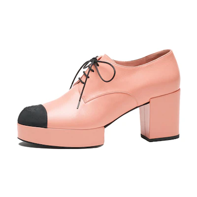 (W) Chanel Goat Skin Round Toe Lace-Up Chunky Heel 'Pink'
