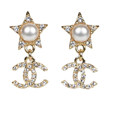 (Women) CHANEL Gold Star Design Pearl Rhinestone Earrings for Women. ABC657B15367NU447