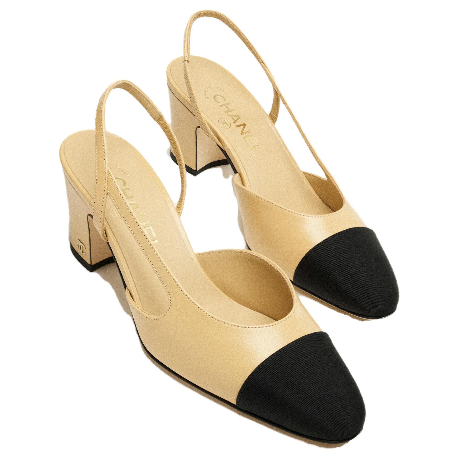 Lookbook (W) Kasut Tumit Tinggi Chanel Grosgrain & Kulit Anak Kambing dengan Ikatan Buku Lali 'Beige' G31318-Y50006-C8378