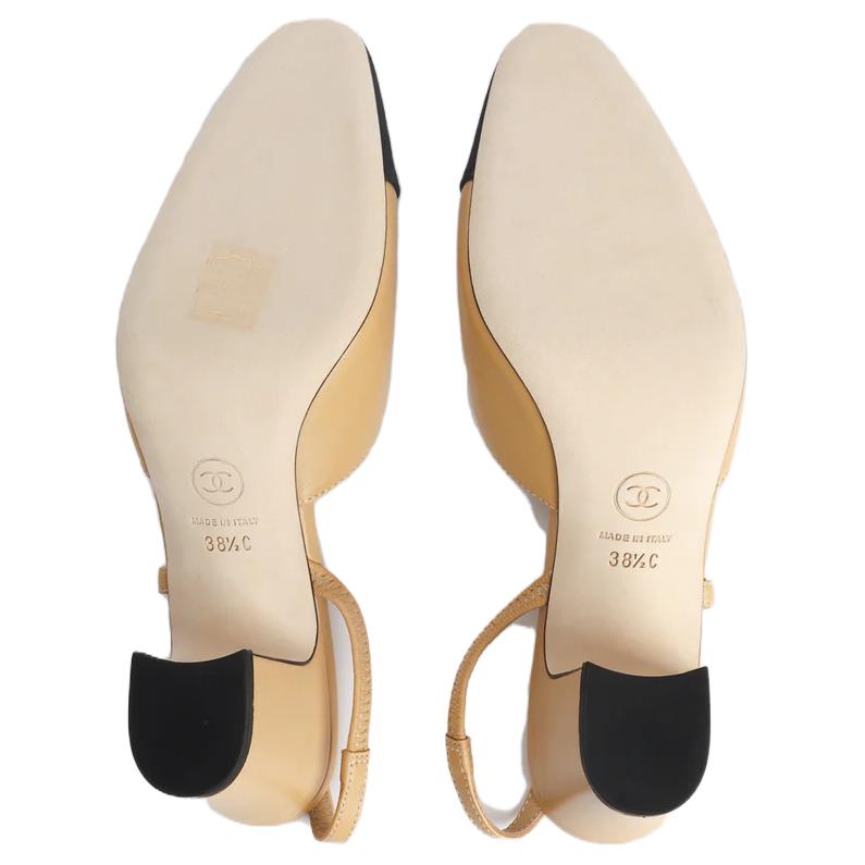 Shop (W) Kasut Tumit Tinggi Chanel Grosgrain & Kulit Anak Kambing dengan Ikatan Buku Lali 'Beige' G31318-Y50006-C8378