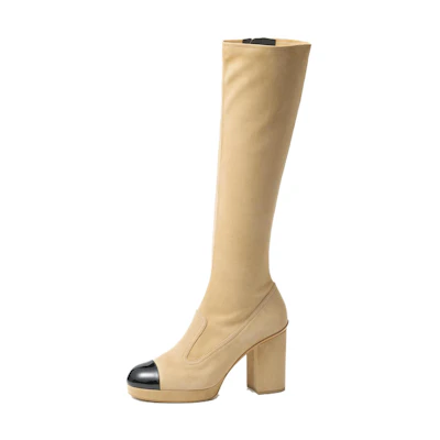 (W) Chanel High-Top Boot 'Beige Leather Fashion Round Toe'