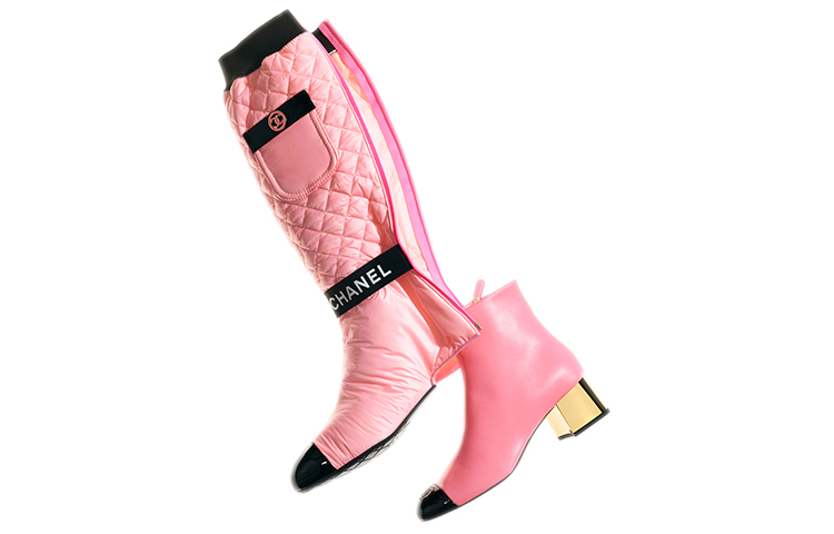 Shop (W) 샤넬 핑크 램스킨 & 패턴트 카프스킨 하이탑 부츠 G38428-Y55553-K3409