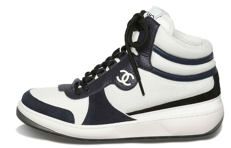 (W) Chanel High-Top Calfskin Sneakers 'White Blue'