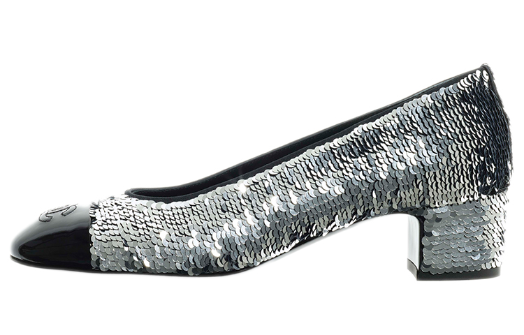(W) Chanel High Heel 'Silver Black Sequin and Calfskin Patent'