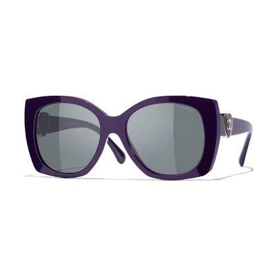 (Women) CHANEL Irregular Purple Sunglasses with Logo Detail for Women. CH5519C1758S4