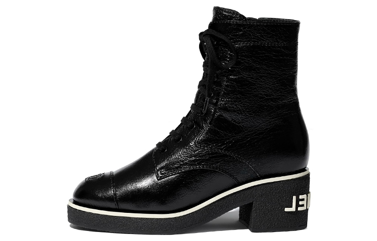 (W) Chanel Lambskin Ankle Boots with Grosgrain 'Black'