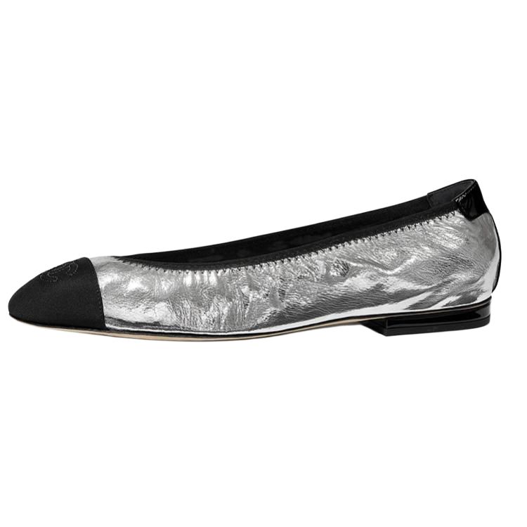 (W) Chanel Lambskin Flats 'Silver'