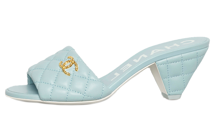 (W) Chanel Lambskin High Heel Slide Sandals 'Blue'