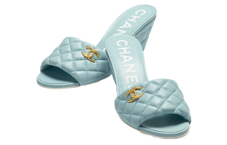 (W) Chanel Lambskin High Heel Slide Sandals 'Blue' 圖 2