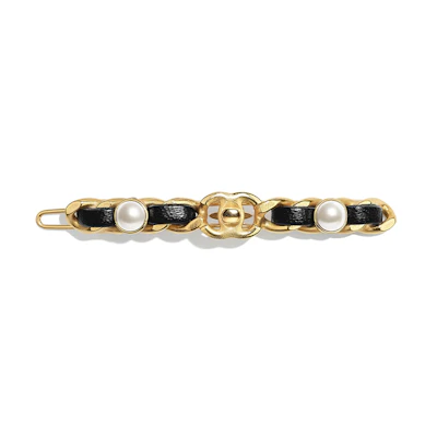 (Women) Chanel Lambskin Pearl & Metal CC Hairclip for Women Gold/White/Black AB4448-B03671-N8212