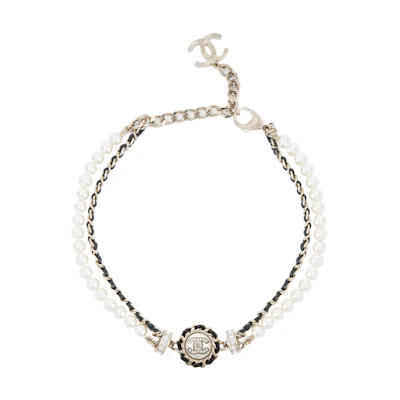 (Women) CHANEL Lambskin Pearl Double Layer Metal Chain Necklace with Rhinestones Women. AB7081-B06652-NF372