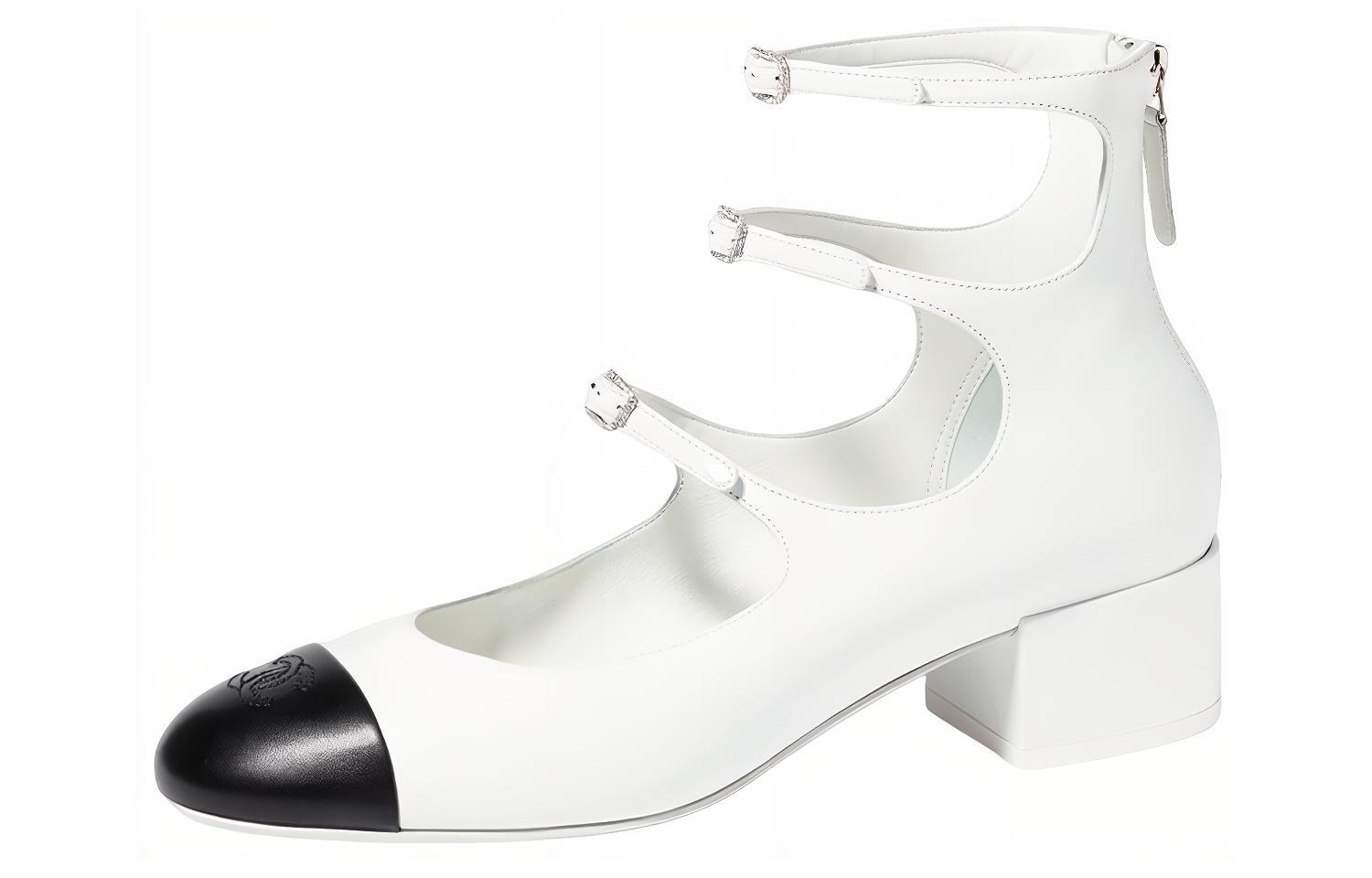 (W) Chanel Leather Buckle Chunky Heel 'White'