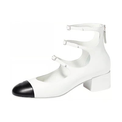 (W) Chanel Leather Buckle Chunky Heel 'White'