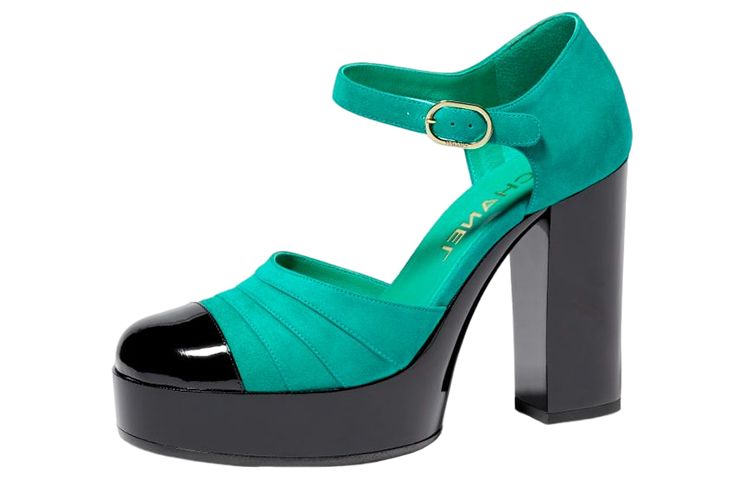 (W) Chanel Leather Buckle Chunky High Heel 'Green'