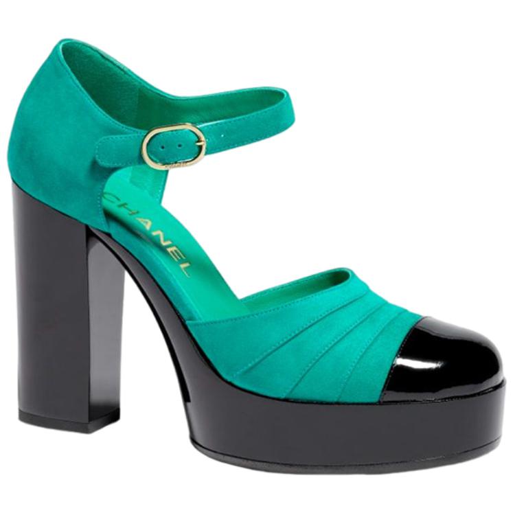 (W) Chanel Leather Buckle Chunky High Heel 'Green' 圖 2