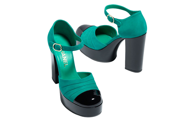 (W) Chanel Leather Buckle Chunky High Heel 'Green' 圖 5