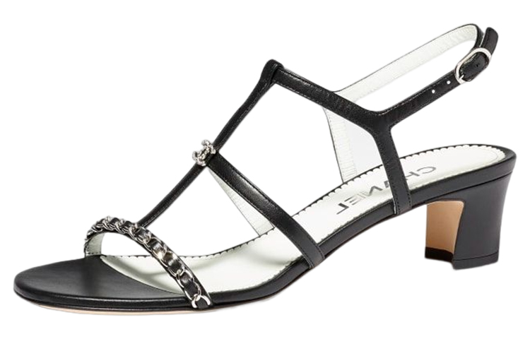 (W) Chanel Leather Chain Sandals 'Black Logo Heel'