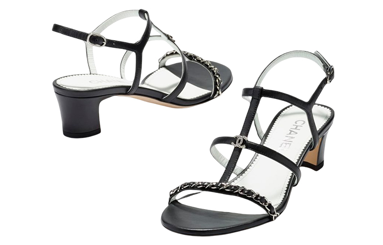 (W) Chanel Leather Chain Sandals 'Black Logo Heel' 圖 3