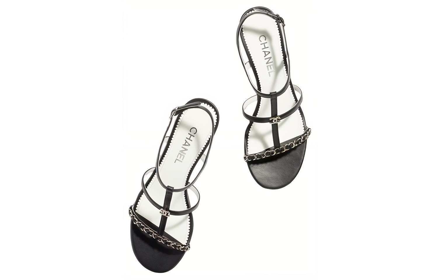 (W) Chanel Leather Chain Sandals 'Black Logo Heel' 圖 4