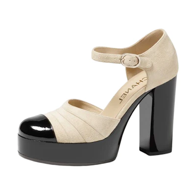 (W) Chanel Leather Color-Block Buckle 'White Chunky Heel'