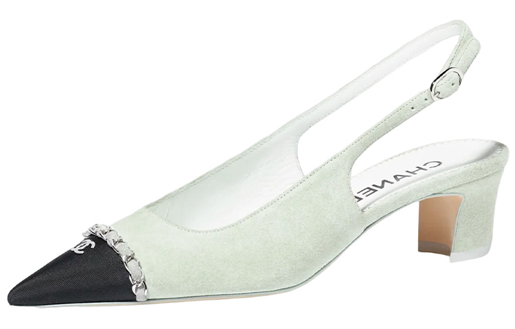 (Women) Chanel Leather Fabric Buckle Pointed Toe Block Heel 'Light Grey' G39643-Y56380-K5417