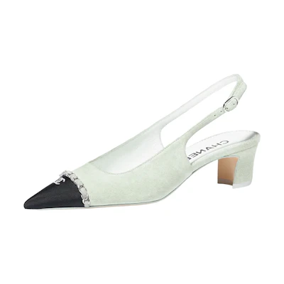 (W) Chanel Leather Fabric Buckle Pointed Toe Block Heel 'Light Grey'