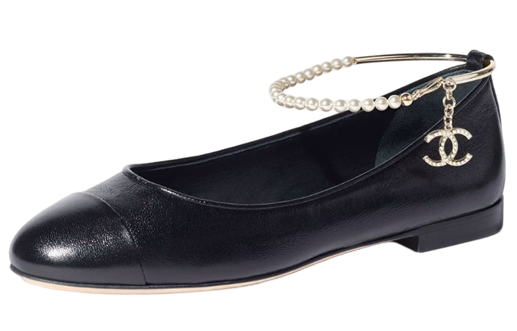 (W) Chanel Leather Flat Black 'Pearl Embellished'