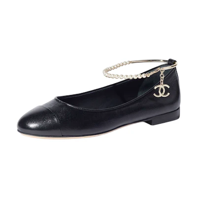 (W) Chanel Leather Flat Black 'Pearl Embellished'